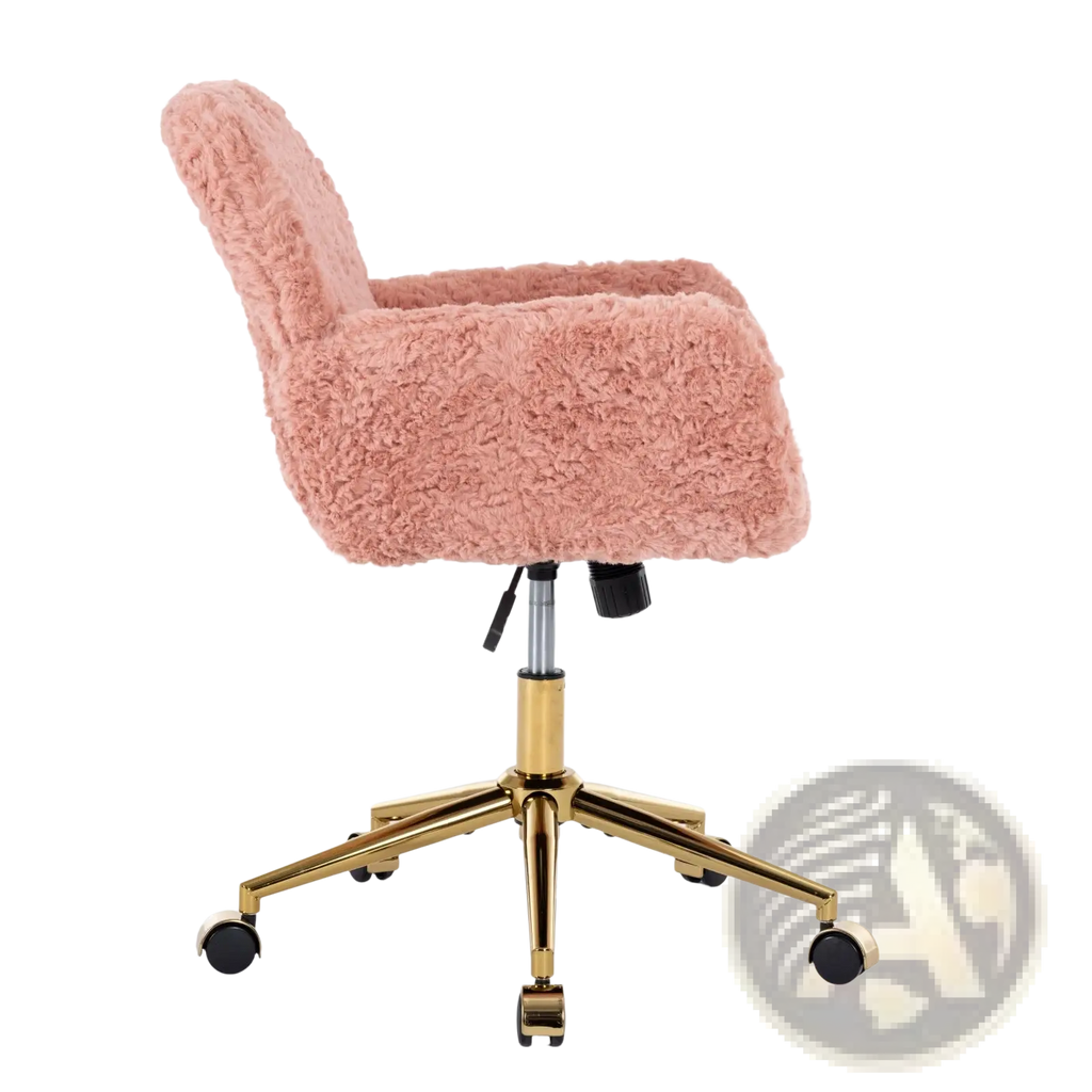 A plush pink faux fur office chair with a gold metal base and casters designed for stylish workspace seating