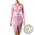 A sleek glossy pink faux leather trench midi dress with front zipper and two chest pockets