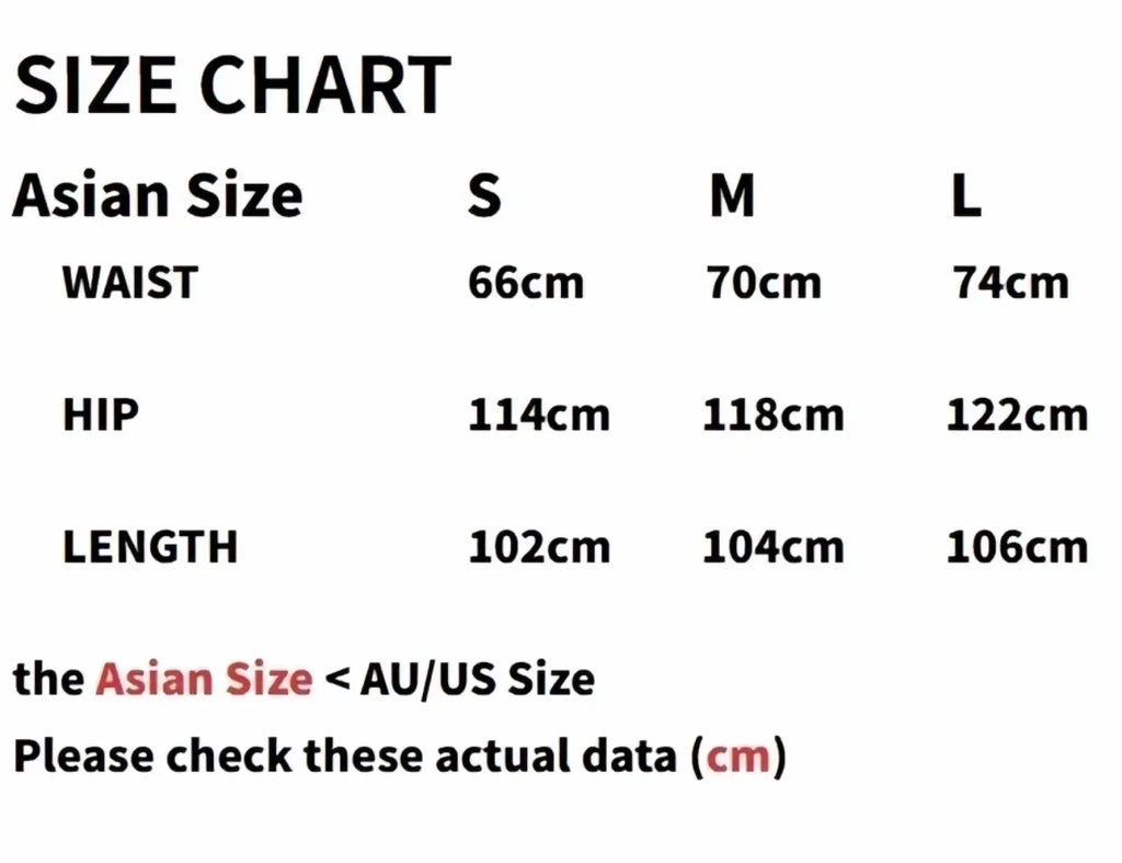 Asian size clothing chart with waist hip and length measurements in centimeters for pink flare yoga pants