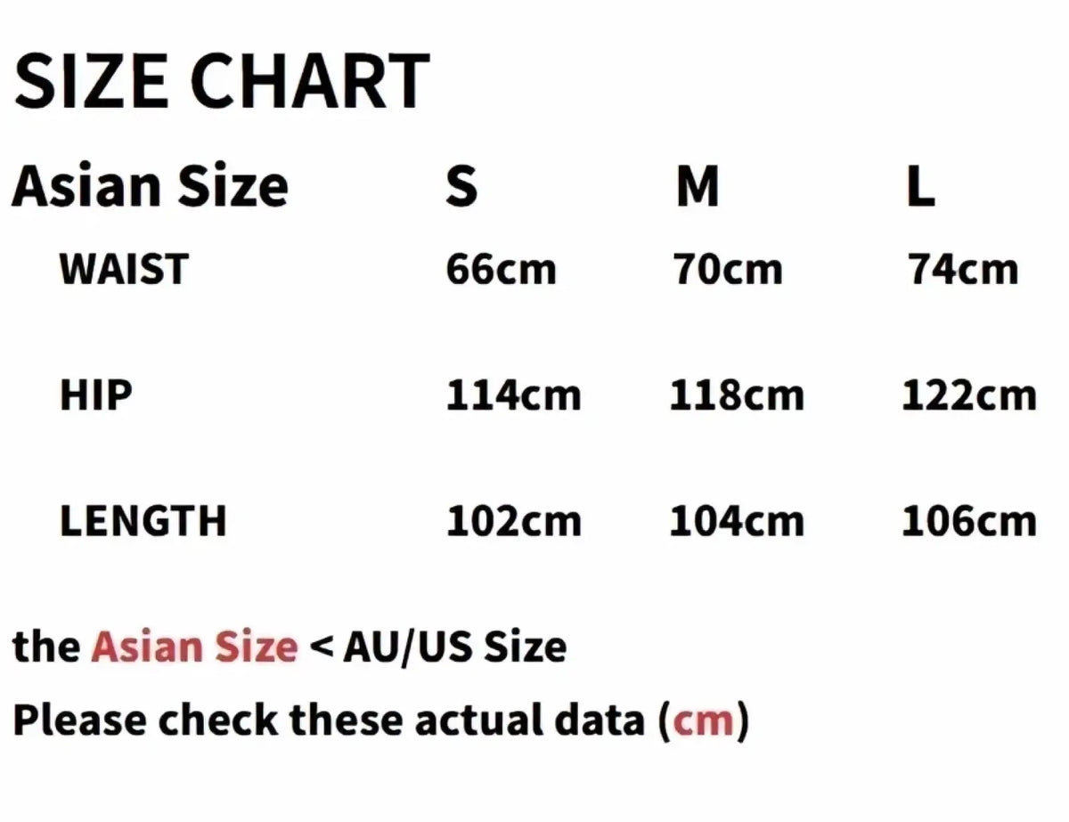 Asian size clothing chart with waist hip and length measurements in centimeters for pink flare yoga pants