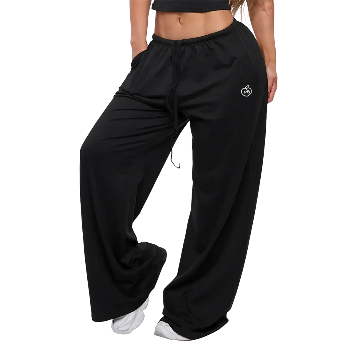 Pink Flare yoga pants in black loose-fitting sweatpants with elastic waistband drawstring and white embroidered logo on thigh