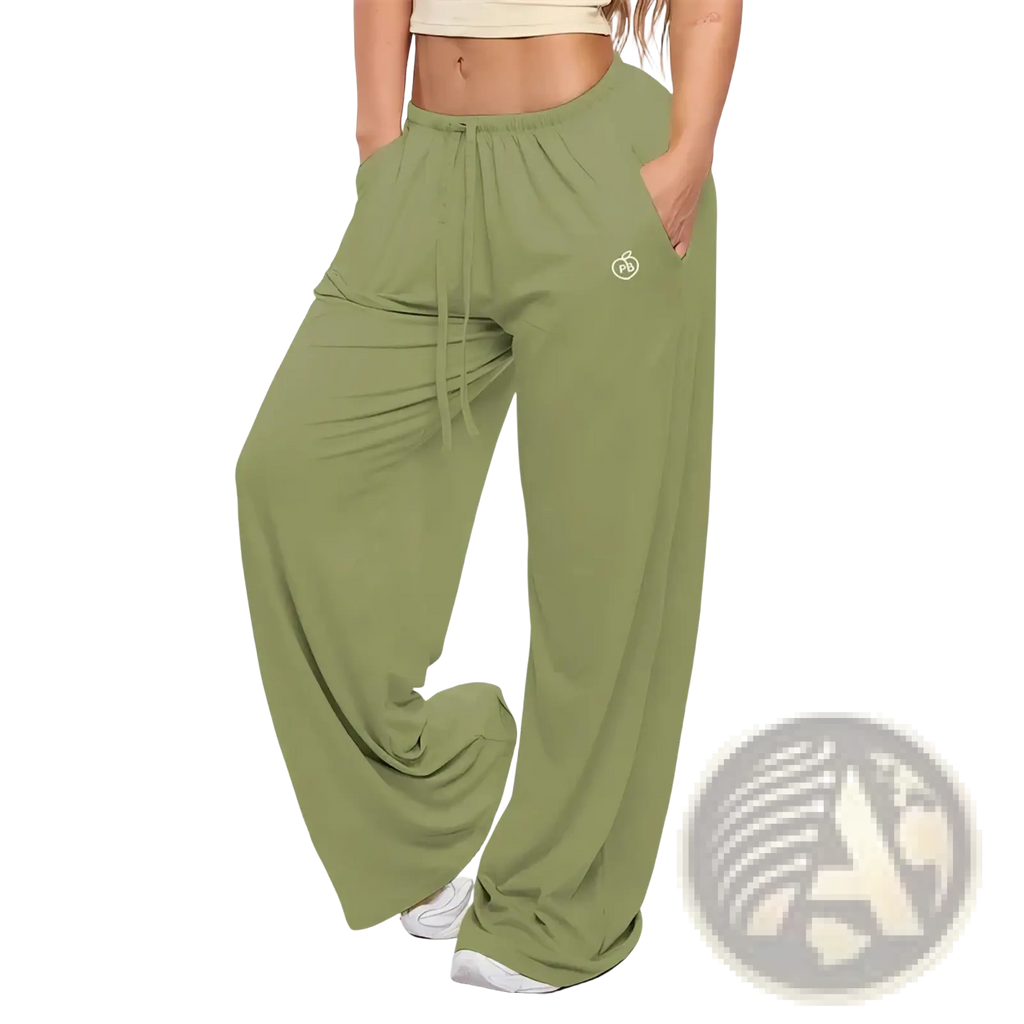 Olive green wide-leg sweatpants with drawstring waist and embroidered logo, featured in pink flare yoga pants collection