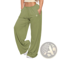 Olive green wide-leg sweatpants with drawstring waist and embroidered logo, featured in pink flare yoga pants collection