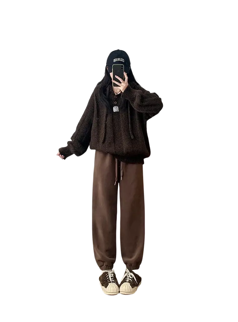 Brown chunky knit hoodie with drawstring and front button closure paired with pink fleece women sports pants thick warm