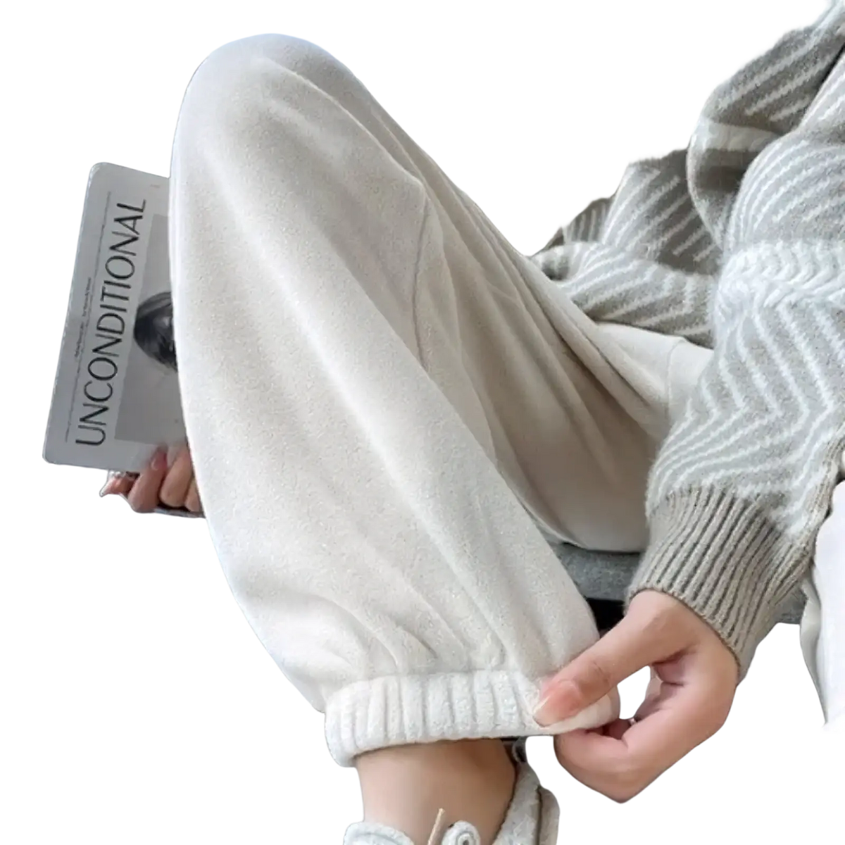 Cream-colored plush fleece joggers with ribbed elastic cuff from pink fleece women sports pants thick warm collection