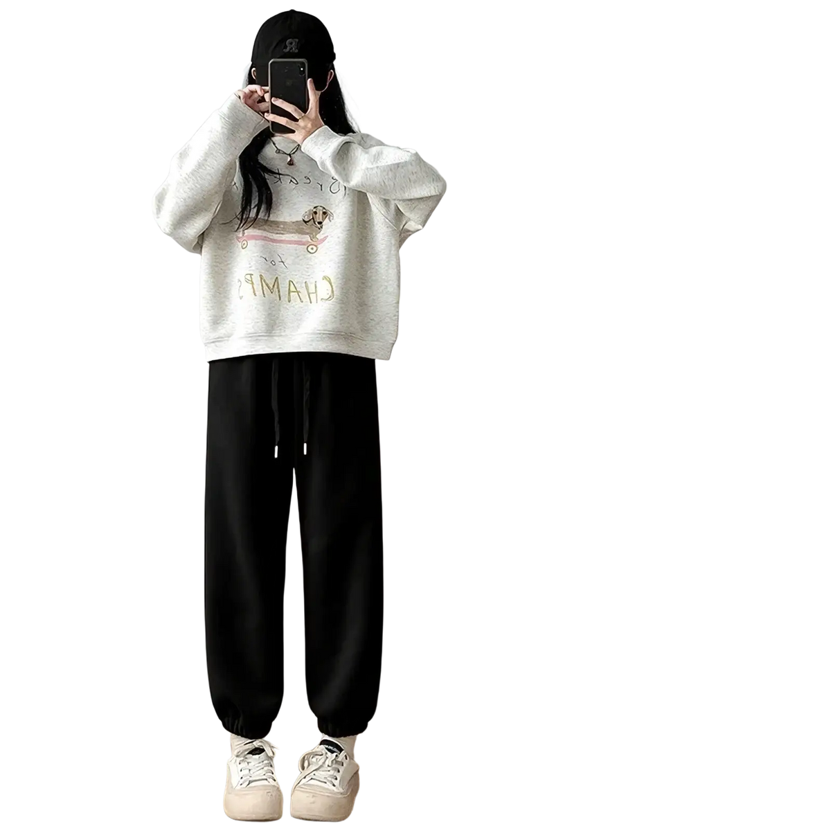 Light gray cotton sweatshirt with cartoon dachshund graphic and gold lettering paired with pink fleece women sports pants thick warm