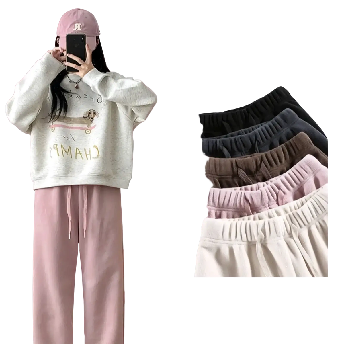 Soft pink fleece women sports pants with elastic waistband and drawstring designed for thick warm comfort