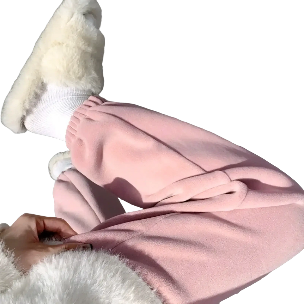 Soft pink fleece women sports pants with thick warm material, elastic cuffs, and a cozy relaxed fit