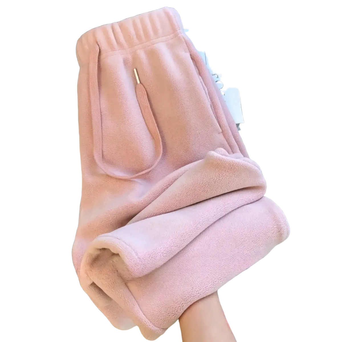 Soft pink fleece women sports pants with thick warm material, drawstring waist, and side pockets