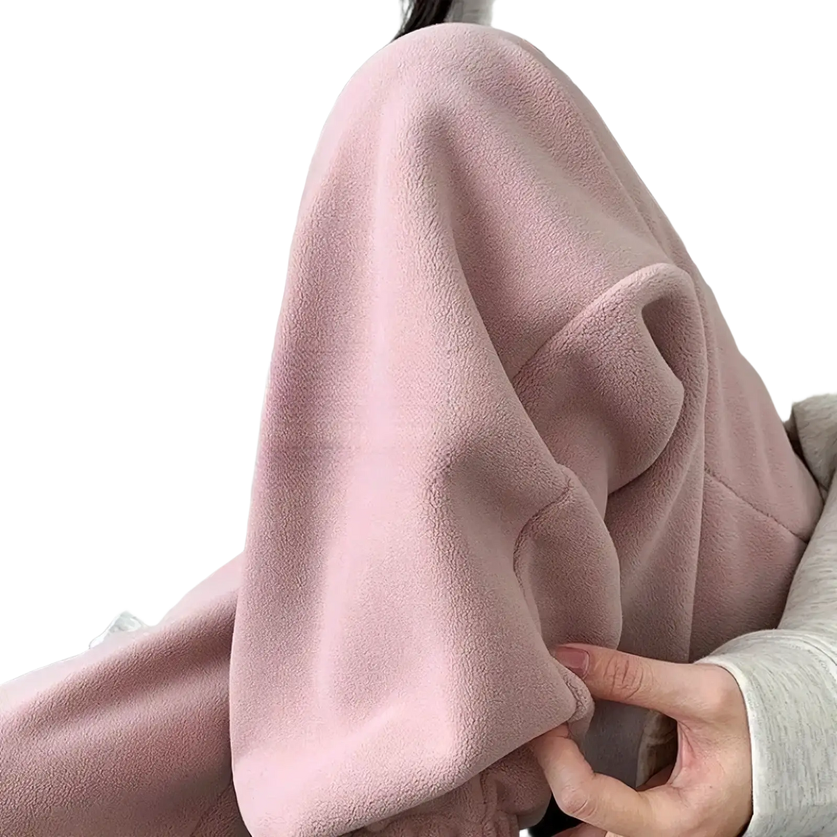 Soft pink fleece women sports pants with thick warm plush texture and relaxed fit for comfortable wear