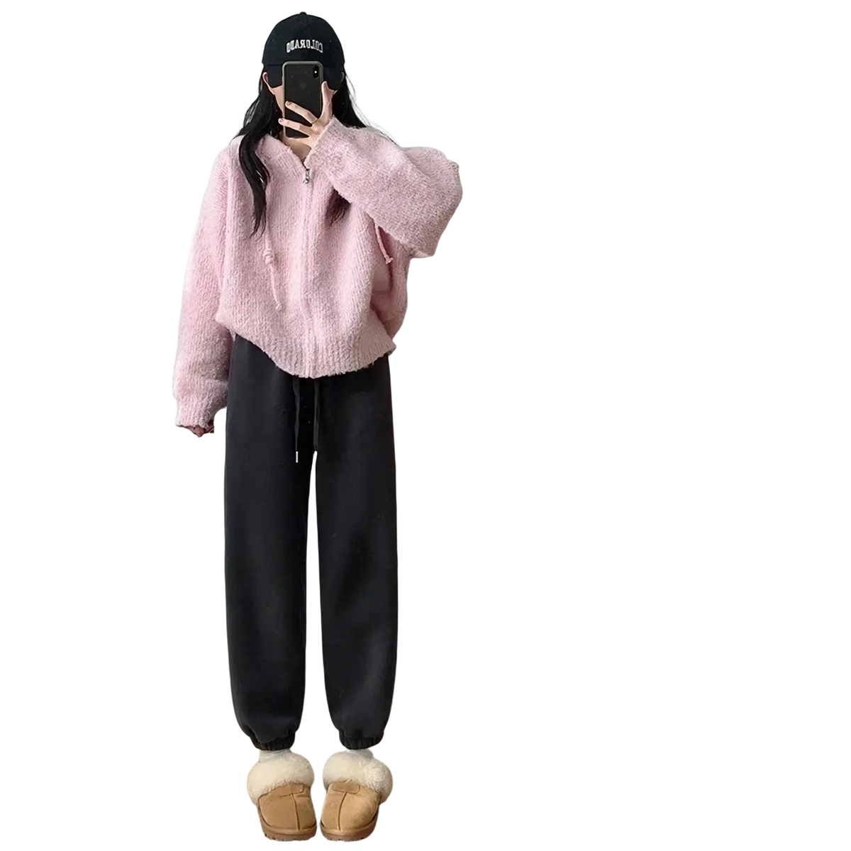 Soft pink fuzzy zip-up hoodie with long sleeves and hood made of warm fleece suitable for women sportswear