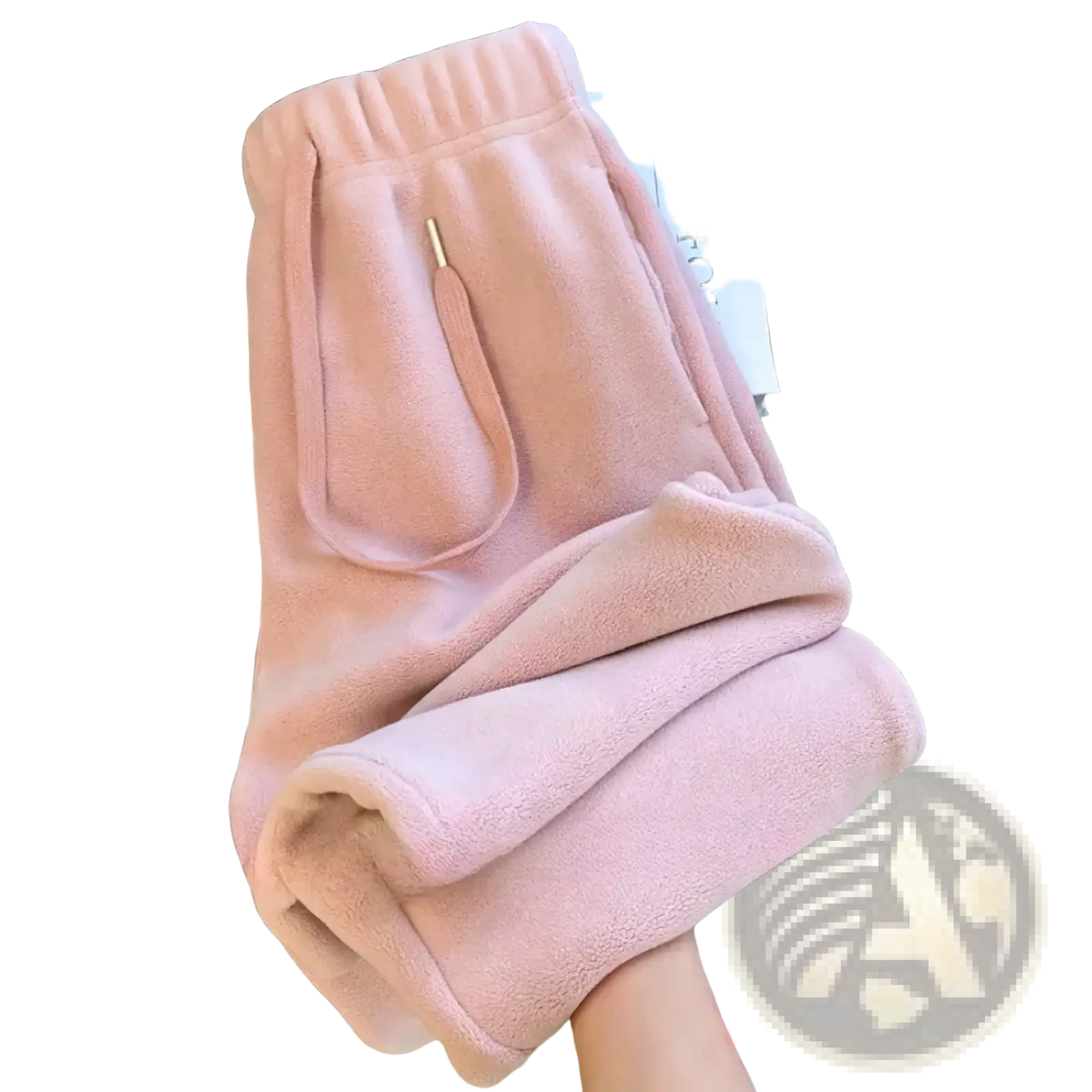 Soft pink fleece women sports pants with thick warm material, drawstring waist, and side pockets
