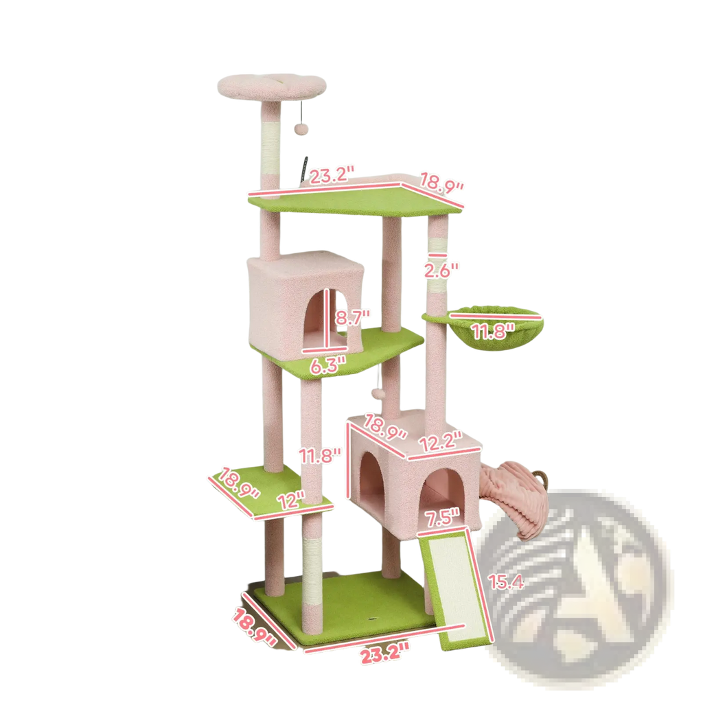 Pink floral multi-level cat tree tower with carpeted platforms, green scratching posts, and hammock-style perch