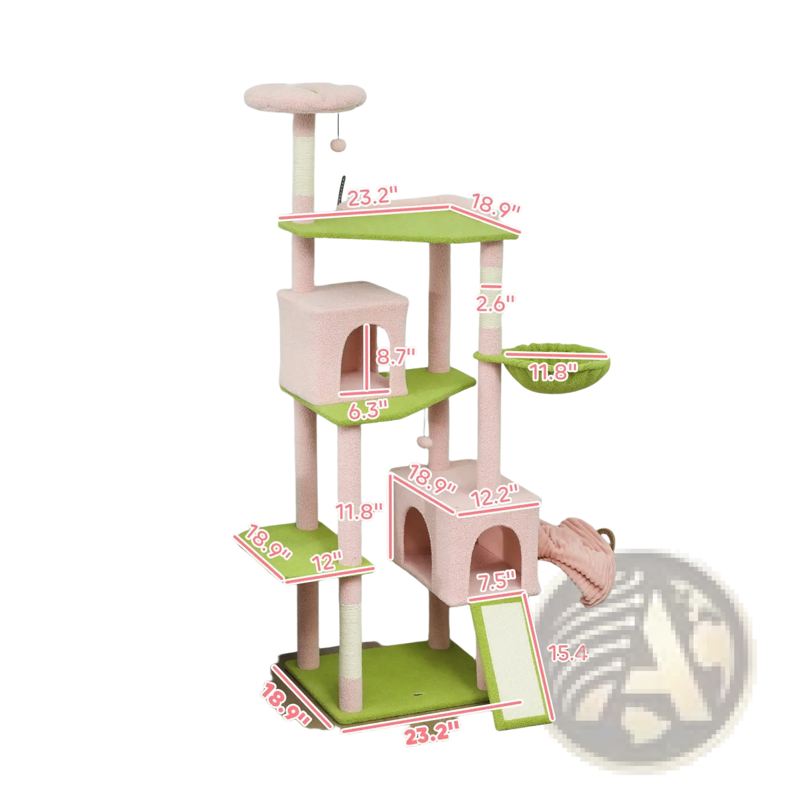 Pink floral multi-level cat tree tower with carpeted platforms, green scratching posts, and hammock-style perch