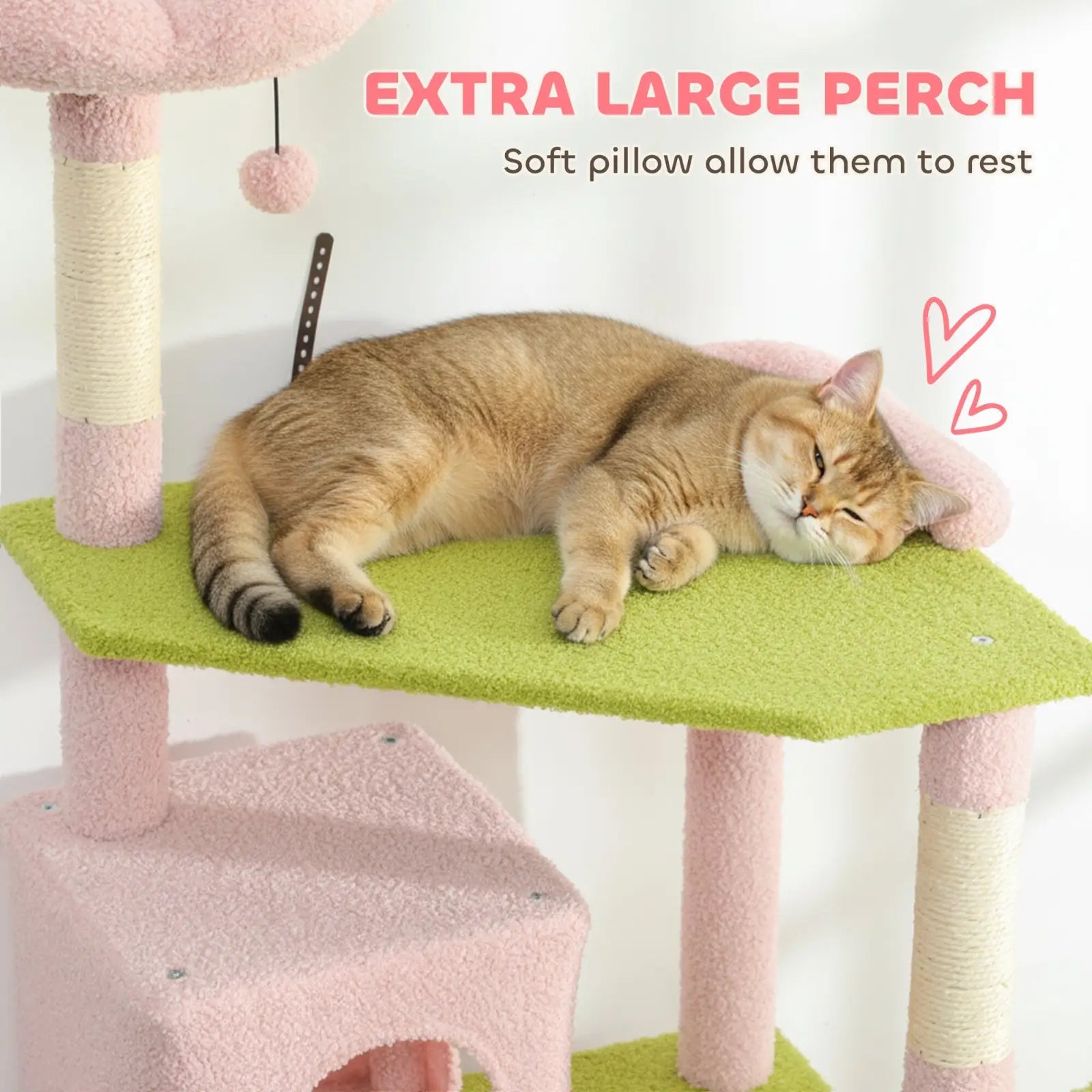 Pink floral multi-level cat tree tower with fluffy pink and green design and extra large perch with soft pillow for resting