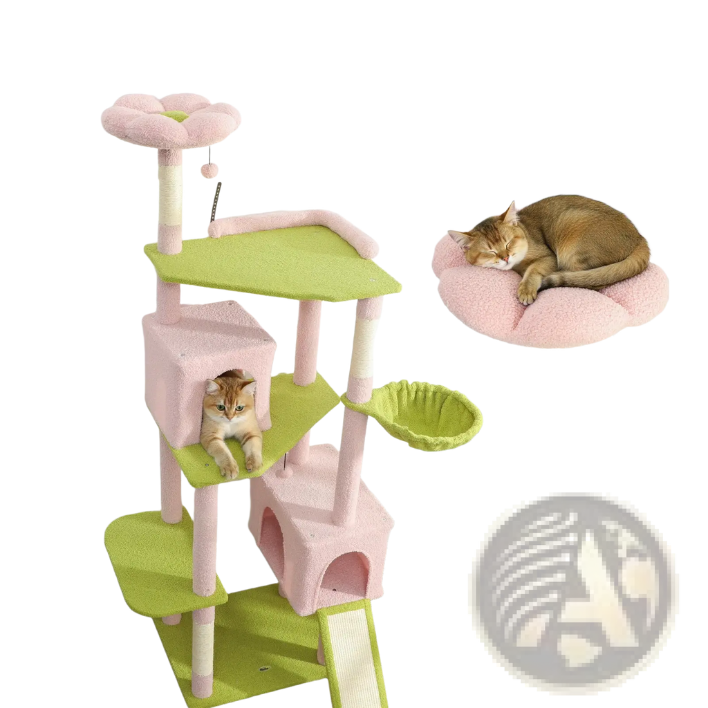 Pink floral multi-level cat tree tower with pastel pink and lime green flower-themed plush platforms and scratching posts