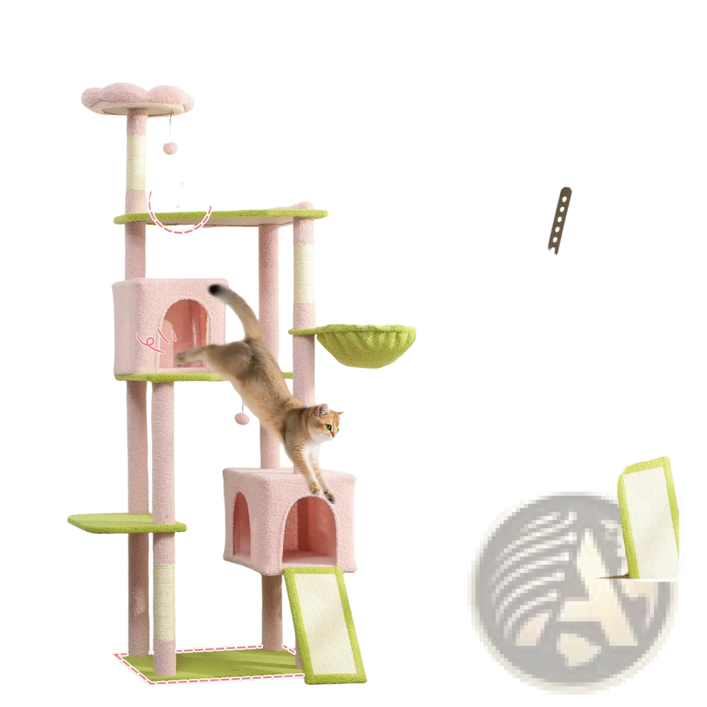 Pink floral multi-level cat tree tower with pink and green carpeted platforms, scratching posts, and enclosed hideaway