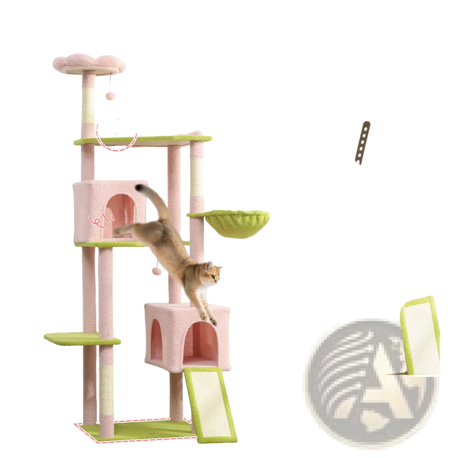 Pink floral multi-level cat tree tower with pink and green carpeted platforms, scratching posts, and enclosed hideaway