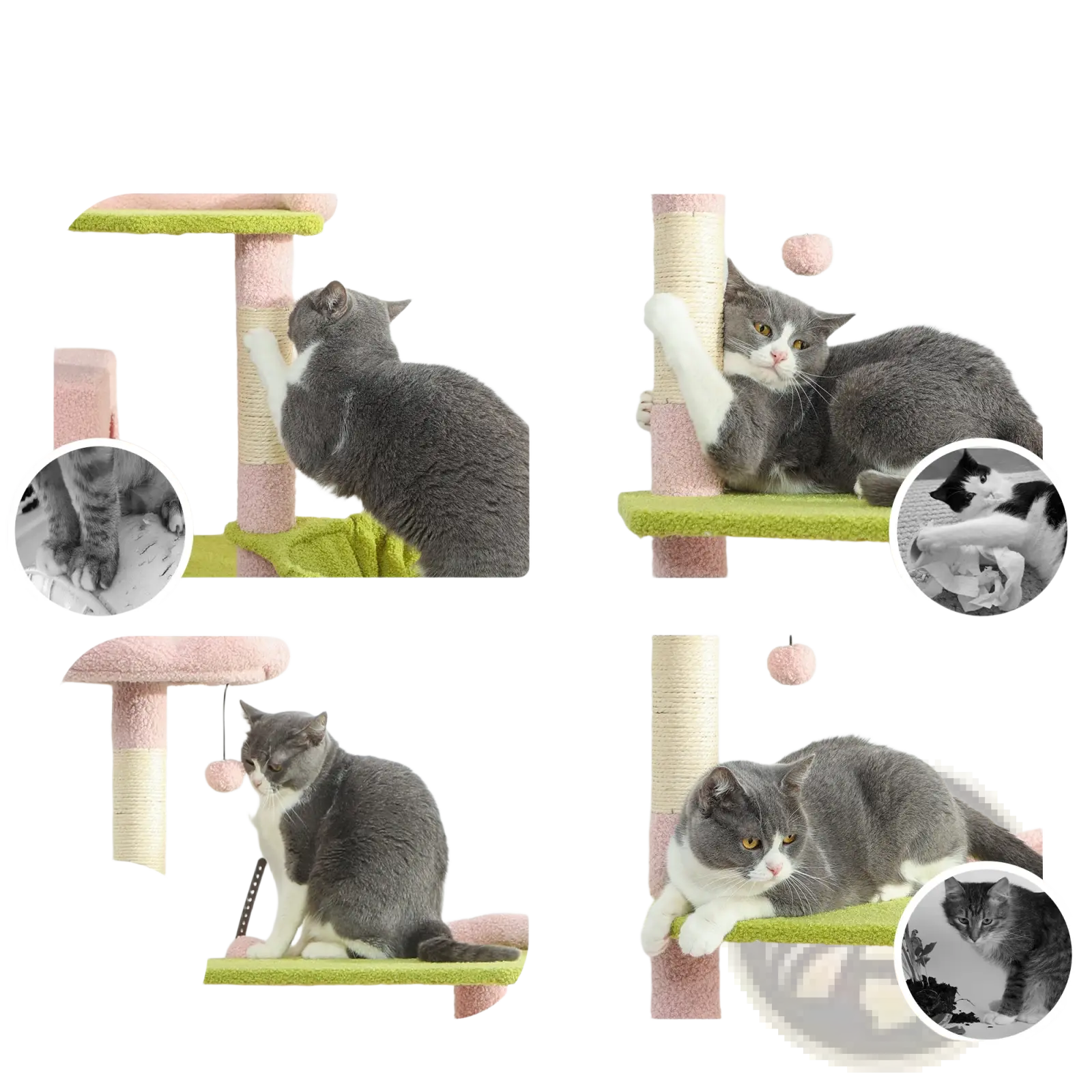 Pink floral multi-level cat tree tower with pink and green plush platforms and sisal scratching posts for cats