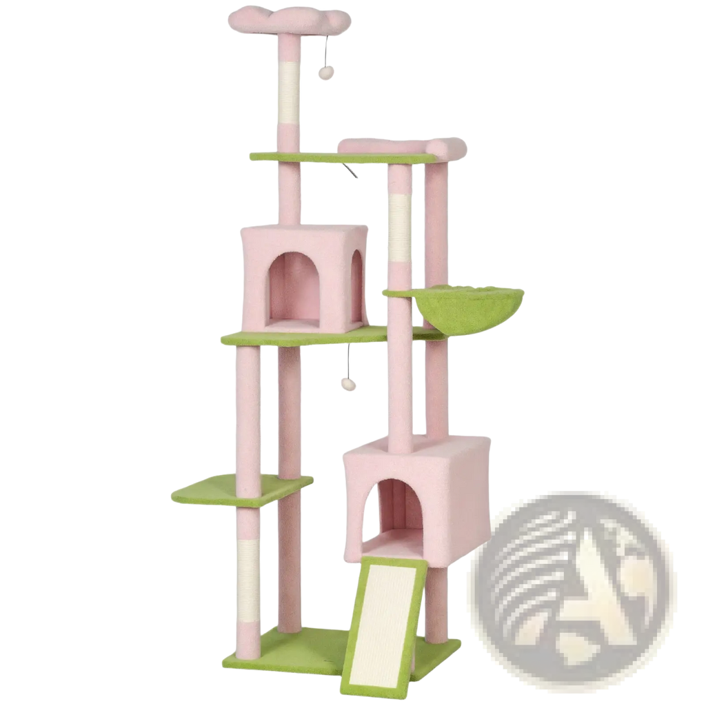 Pink floral multi-level cat tree tower with pink and green soft fabric surfaces, scratching posts, and cloud-shaped top perch