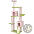 Pink floral multi-level cat tree tower with pink and green soft fabric surfaces, scratching posts, and cloud-shaped top perch