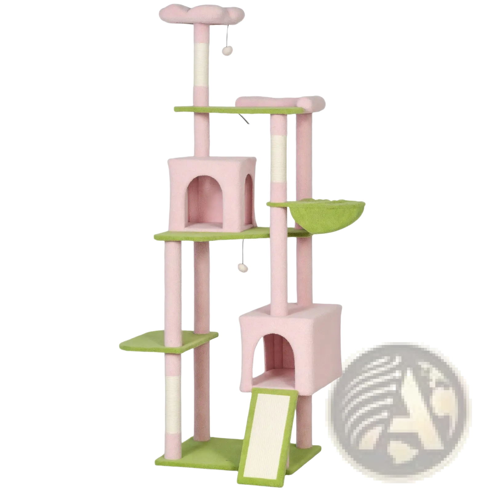 Pink floral multi-level cat tree tower with pink and green soft fabric surfaces, scratching posts, and cloud-shaped top perch