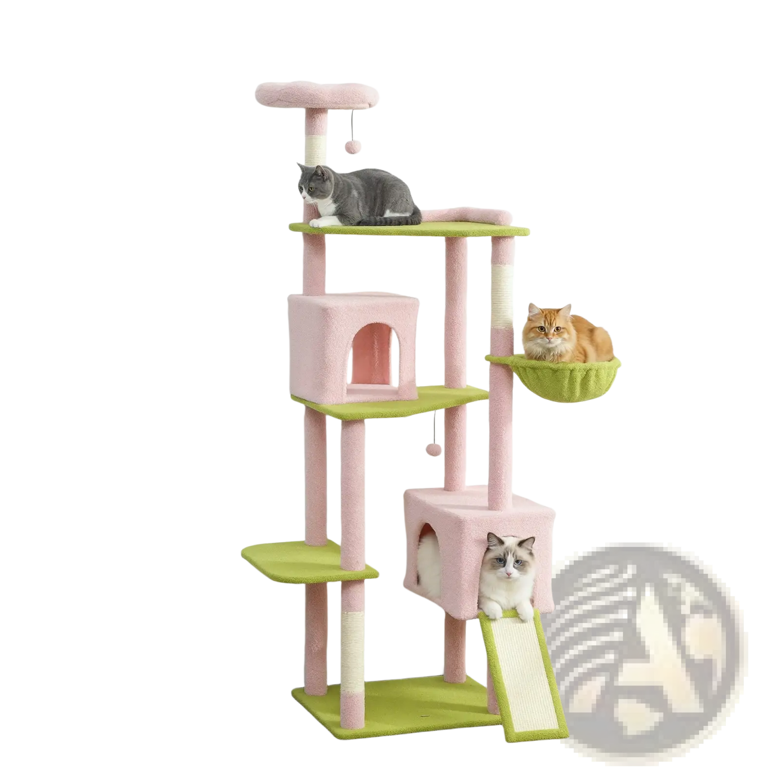 Pink floral multi-level cat tree tower with lime green scratching posts, platforms, hammock, and cozy enclosed spaces