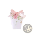White paper gift box with pink rose illustrations and soft pink satin ribbon bow for wedding favors 50 pack