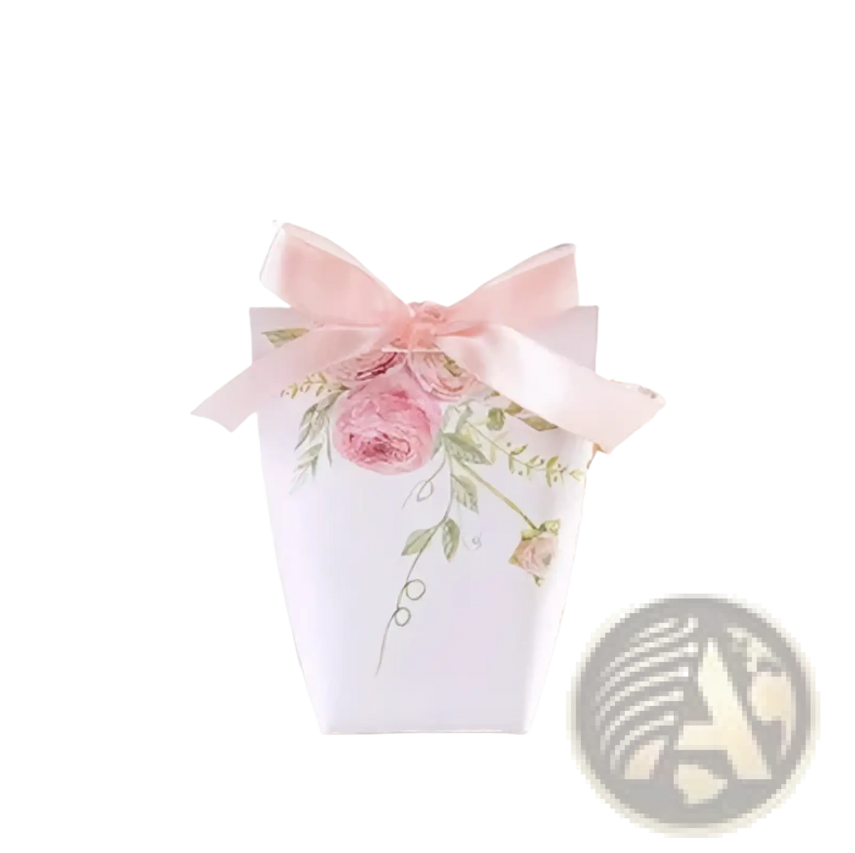 White paper gift box with pink rose illustrations and soft pink satin ribbon bow for wedding favors 50 pack
