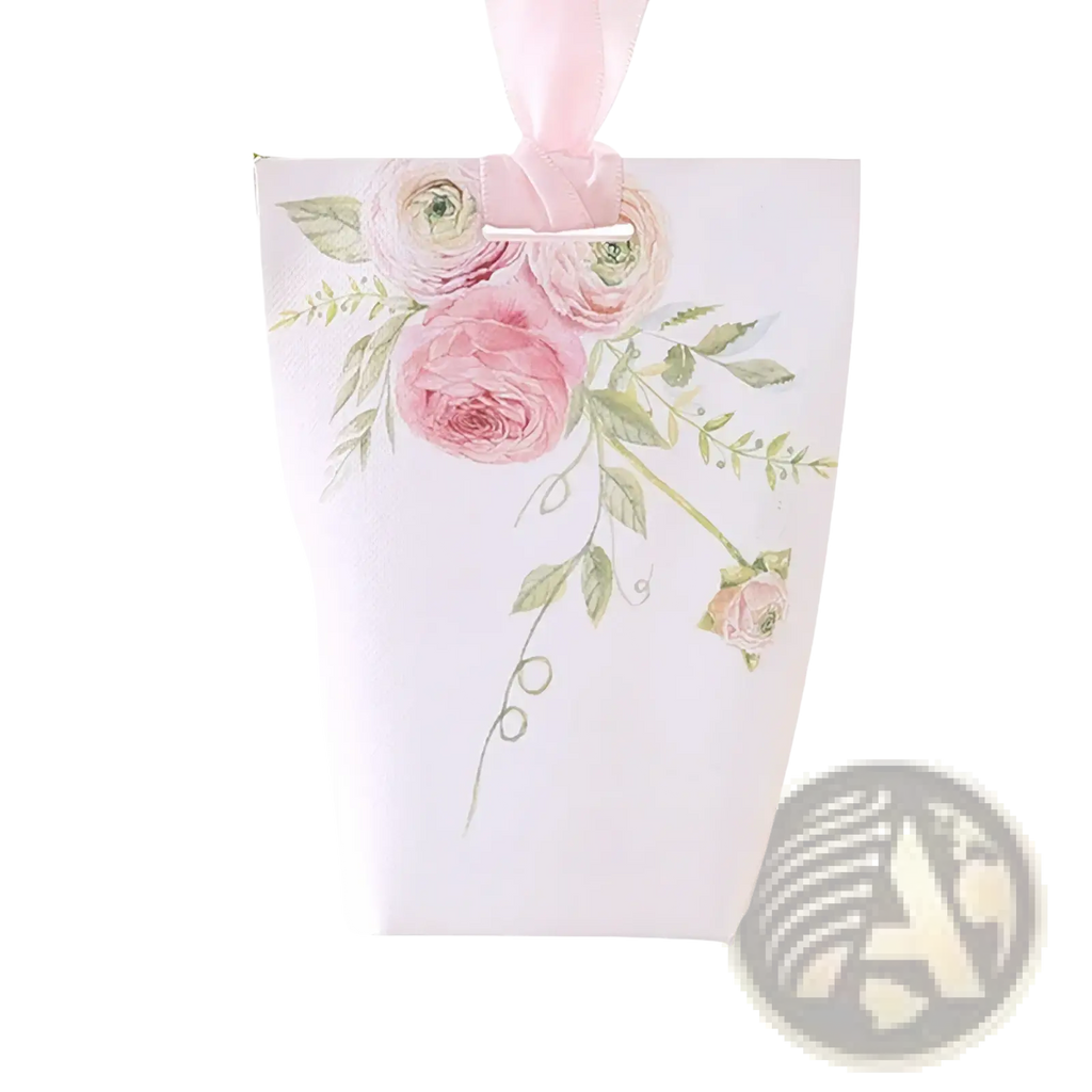 A delicate white paper wedding favor bag with pink floral design and satin ribbon handle 50 pack