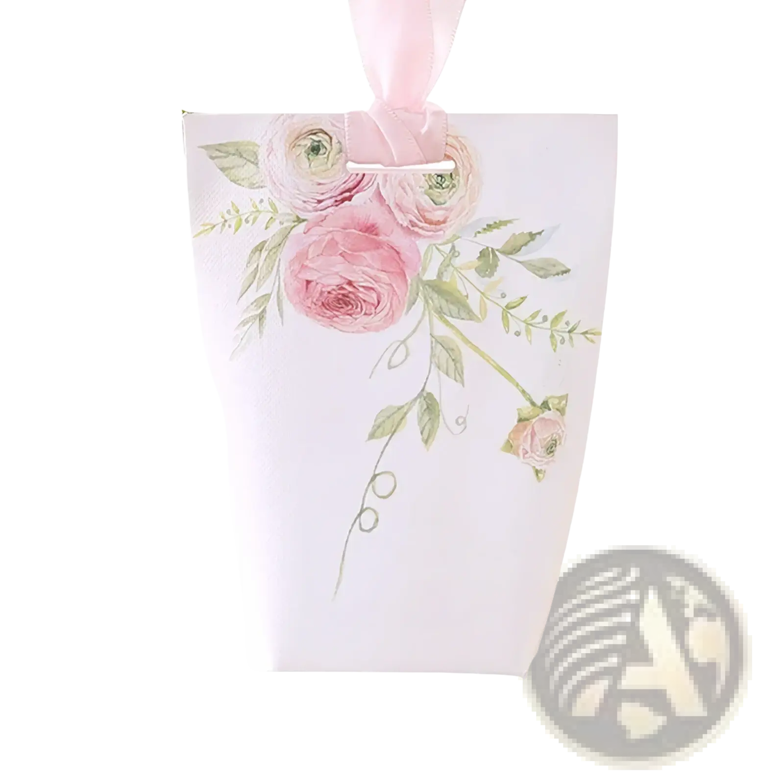 A delicate white paper wedding favor bag with pink floral design and satin ribbon handle 50 pack