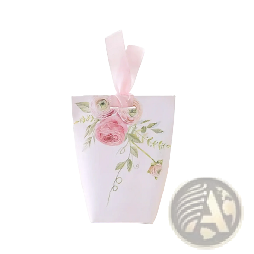 A delicate white paper gift box with a soft pink floral design and matching satin ribbon for wedding favors