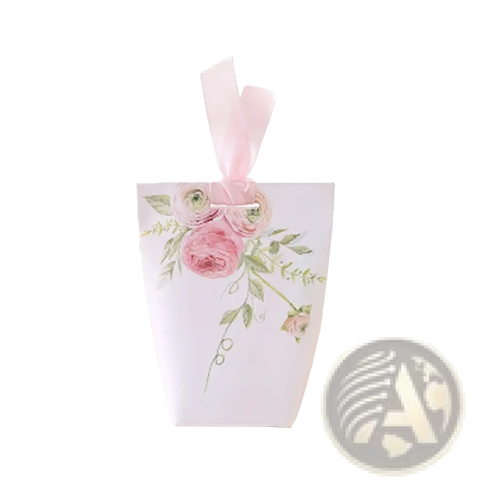A delicate white paper gift box with a soft pink floral design and matching satin ribbon for wedding favors