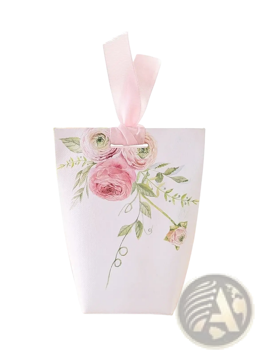 A delicate white paper gift box with soft pink floral design and matching satin ribbon for wedding favors 50 pack