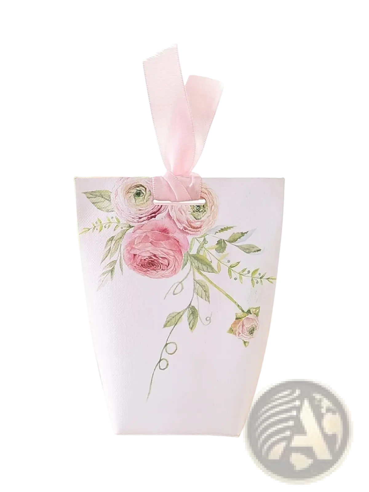 A delicate white paper gift box with soft pink floral design and matching satin ribbon for wedding favors 50 pack