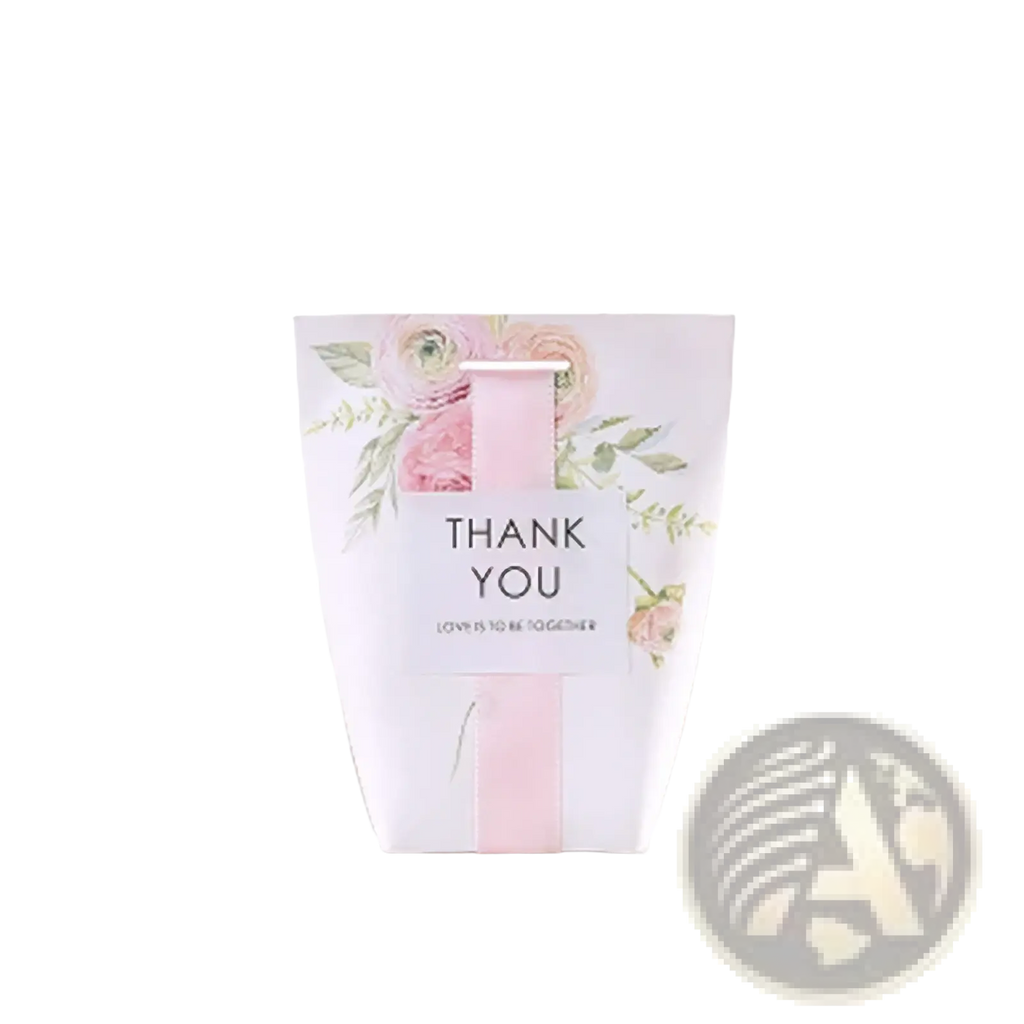 White paper wedding favor box with pink floral design ribbon and thank you text pink floral paper wedding favor boxes 50 pack