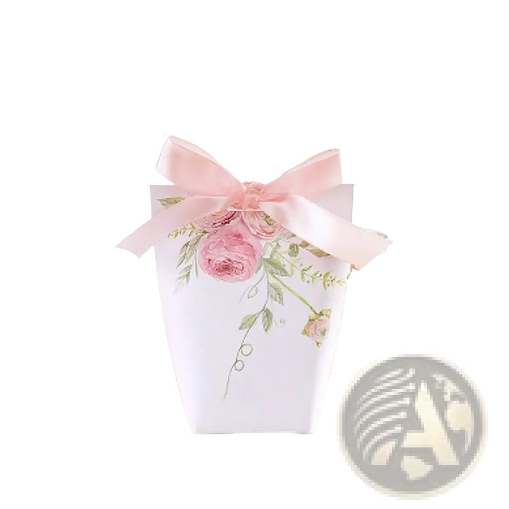 White paper wedding favor box with pink rose and green leaf illustrations tied with a pink satin bow pack of 50