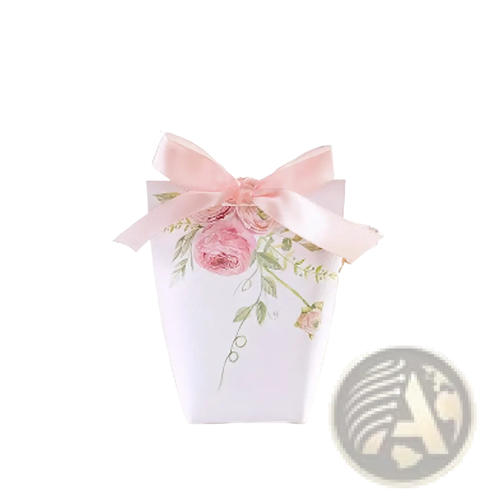 White paper wedding favor box with pink rose and green leaf illustrations tied with a pink satin bow pack of 50