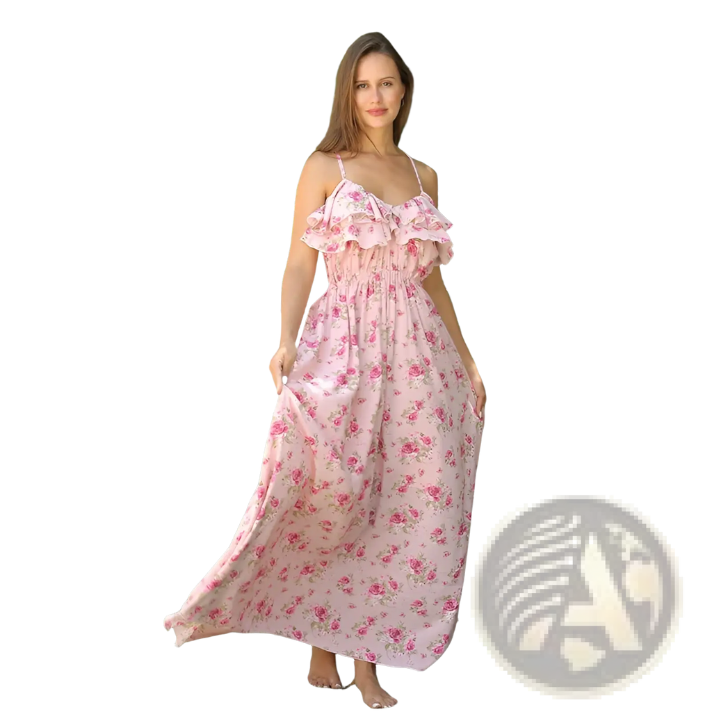 A flowing pink floral maxi dress with ruffled straps and a gathered waist bodice for elegant occasions