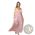 A flowing pink floral maxi dress with ruffled straps and a gathered waist bodice for elegant occasions