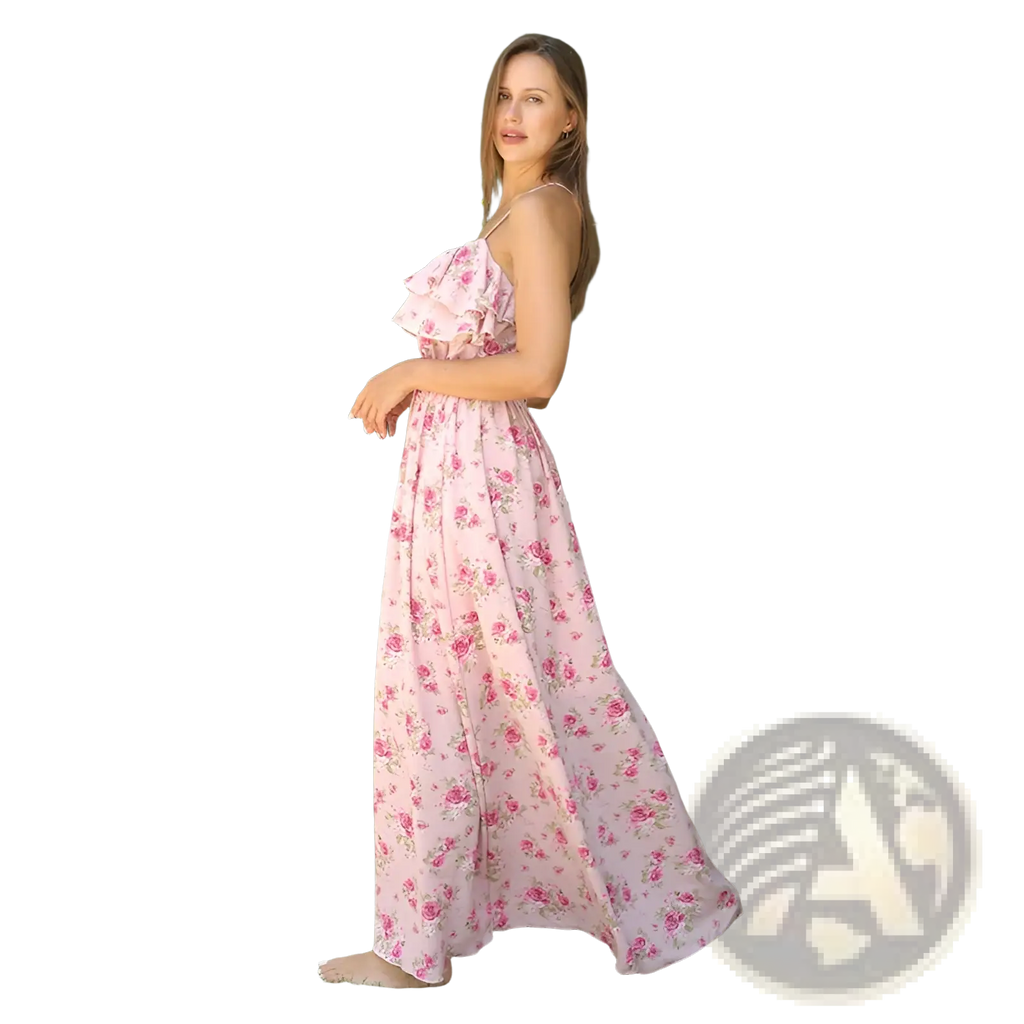 Pink floral ruffled maxi dress with gathered bodice featuring flowing fabric and vintage-inspired delicate pattern