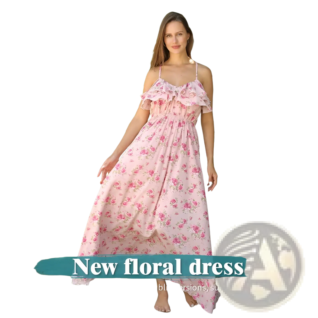 A flowing pink floral maxi dress with delicate ruffled straps and a gathered waist for elegant occasions