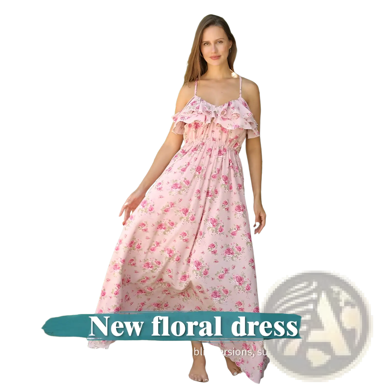 A flowing pink floral maxi dress with delicate ruffled straps and a gathered waist for elegant occasions