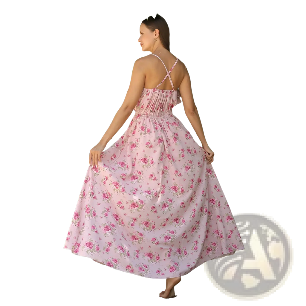 Pink floral ruffled maxi dress with gathered bodice featuring flowing fabric, delicate rose patterns, and thin crisscross straps