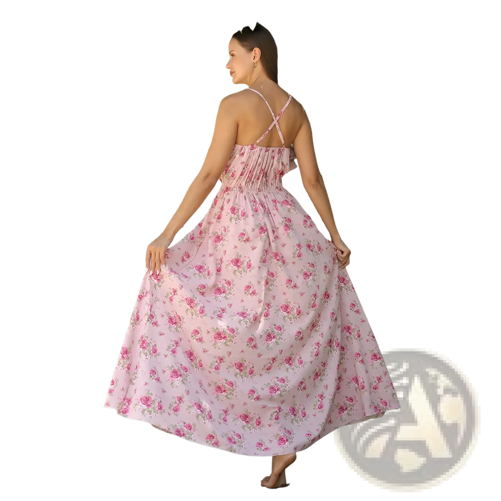 Pink floral ruffled maxi dress with gathered bodice featuring flowing fabric, delicate rose patterns, and thin crisscross straps