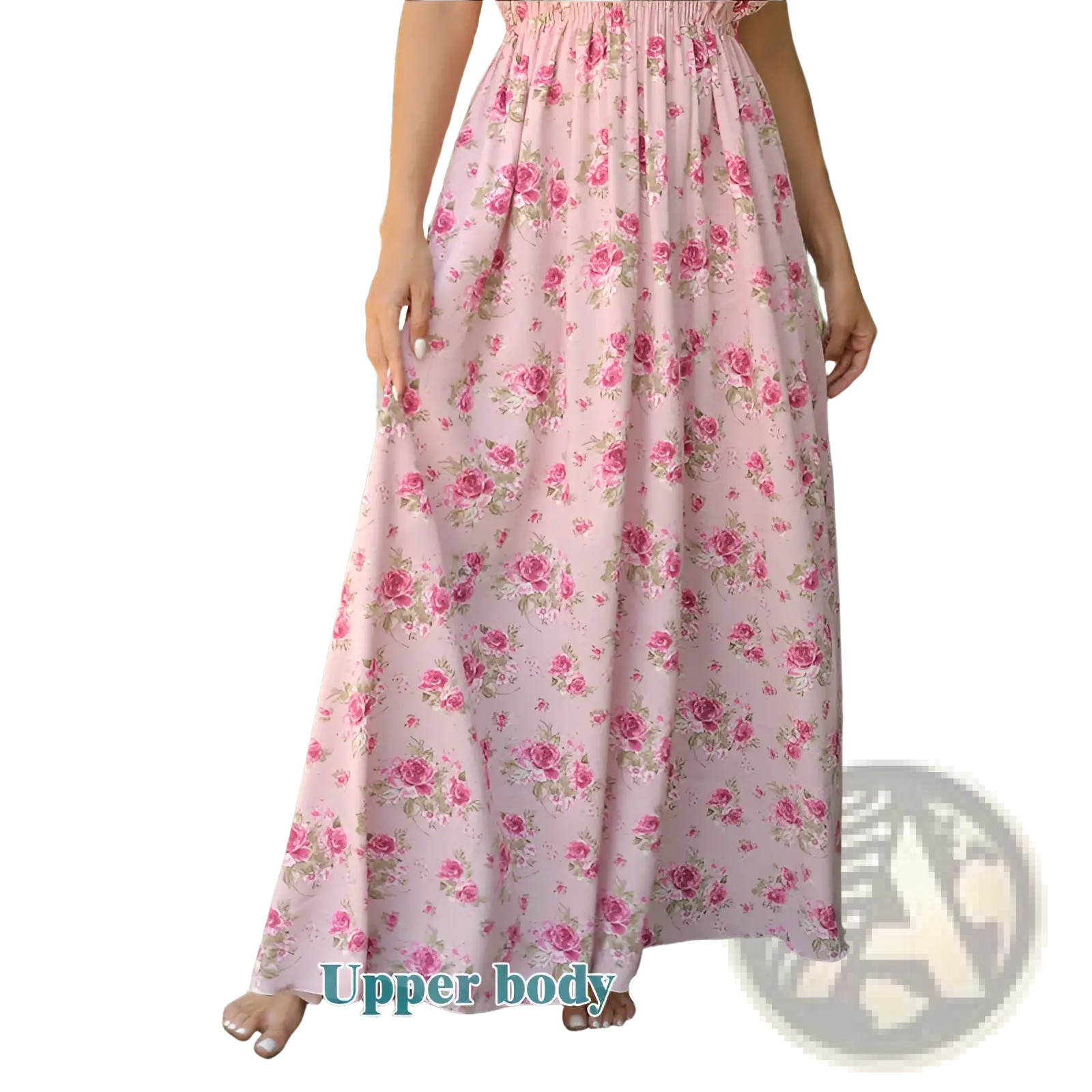 A flowing pink floral ruffled maxi dress with gathered bodice and delicate rose pattern for elegant occasions