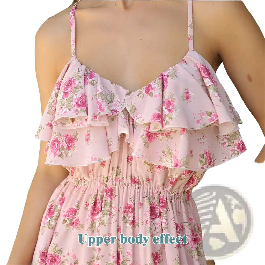 Pink floral ruffled maxi dress with gathered bodice and tiered neckline made of soft elegant draping fabric