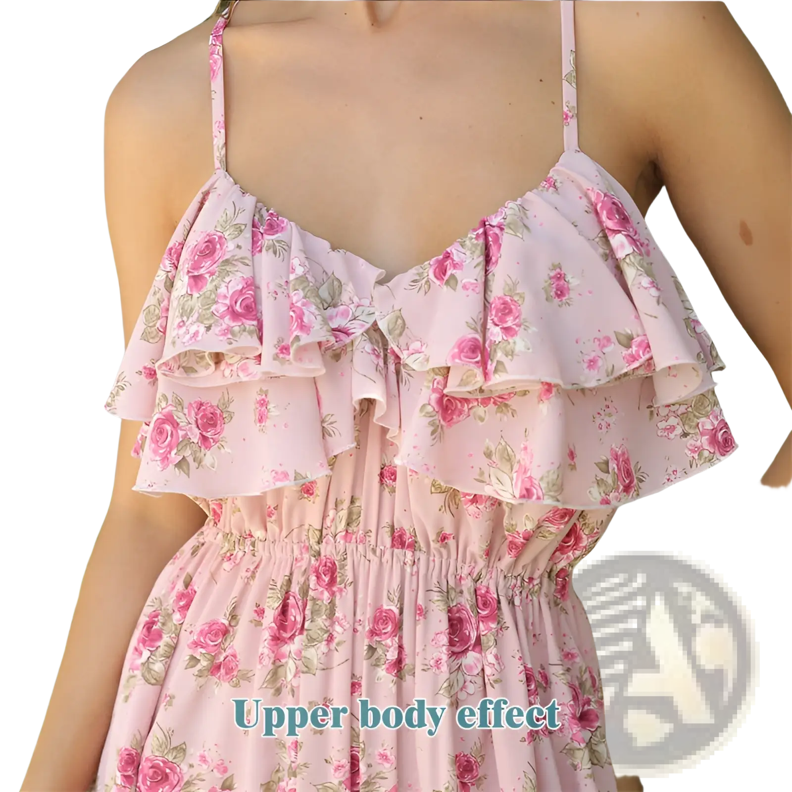 Pink floral ruffled maxi dress with gathered bodice and tiered neckline made of soft elegant draping fabric
