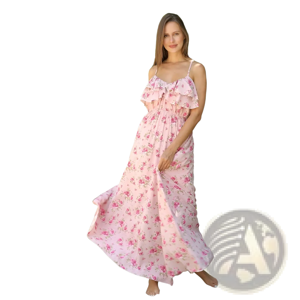 A flowing pink floral maxi dress with delicate ruffled straps and a gathered bodice for elegant occasions