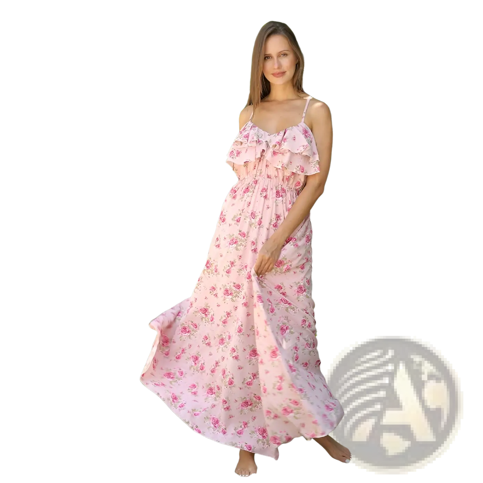 A flowing pink floral maxi dress with delicate ruffled straps and a gathered bodice for elegant occasions